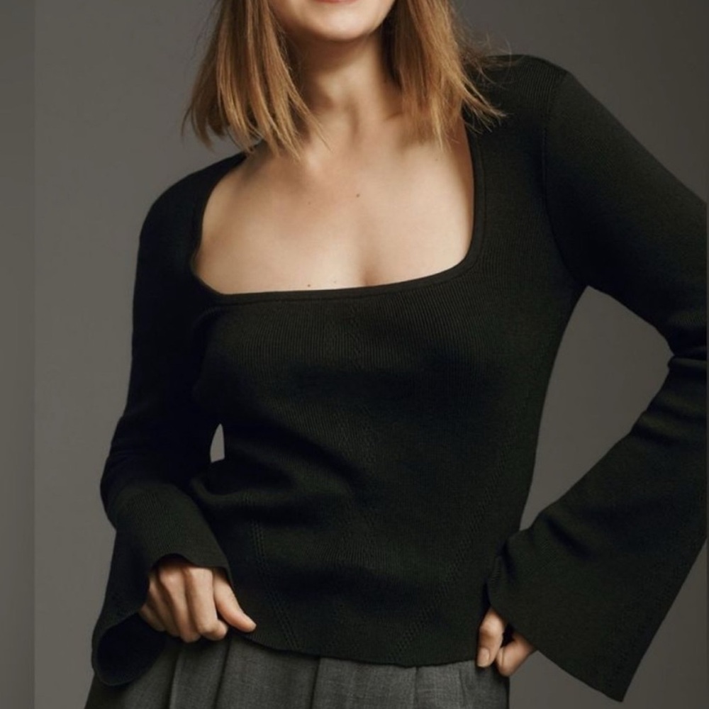Maeve Anthropologie Black Bell Sleeve Sweater Top Square Neck Ribbed Knit Small